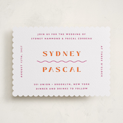 This is a flamingo letterpress wedding invitations with letterpress by Olivia Raufman called tanti baci printing on white cotton in standard