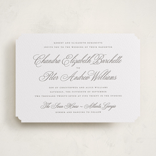 This is a graphite letterpress wedding invitations with letterpress by Wildfield Paper Co called calligraphie printing on white cotton in standard