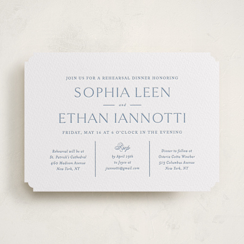 This is a pacific blue rehearsal dinner invitations with letterpress by Jennifer Postorino called sophisticate printing on white cotton in standard