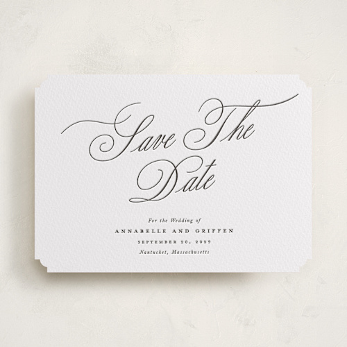 This is a soft black save the date with letterpress by Susan Zinader called romantic script printing on white cotton in standard