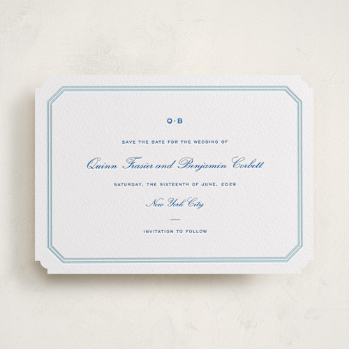 This is a marine blue save the date with letterpress by Megan Davis called brasserie printing on white cotton in standard