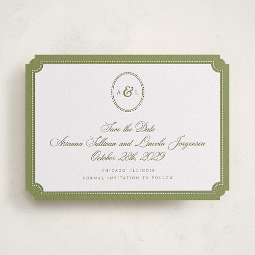 This is a olive save the date with letterpress by Robert and Stella called darcy printing on white cotton in standard