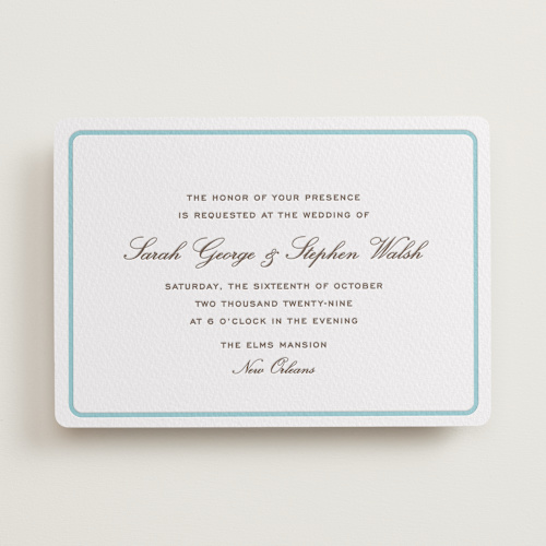 This is a robin's egg letterpress wedding invitations with letterpress by Megan Davis called aperitif printing on white cotton in standard