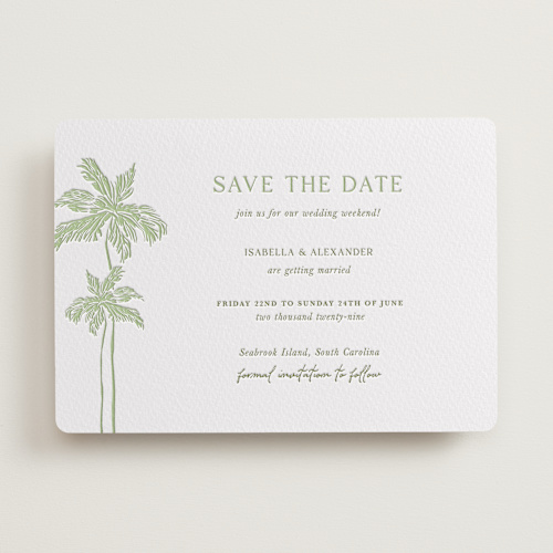 This is a matcha save the date with letterpress by Lucrecia Caporale called shoreline elegance printing on white cotton in standard