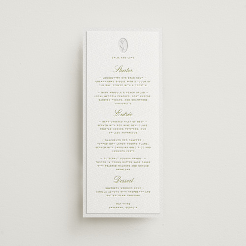 This is a chartreuse menu cards with letterpress by Ani Somi called calia printing on white cotton in 4x9