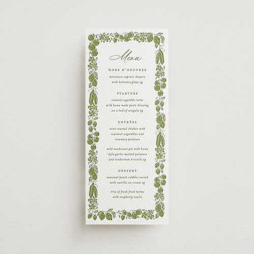 This is a pistachio menu cards with letterpress by Sarah Knight called ethereal gardens printing on somerset500 in 4x9