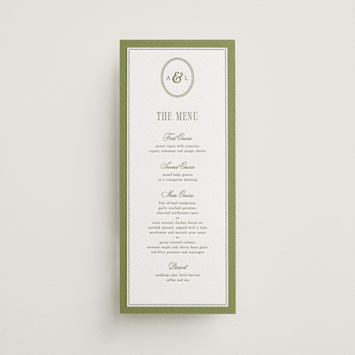 This is a pistachio menu cards with letterpress by Robert and Stella called darcy printing on somerset500 in 4x9