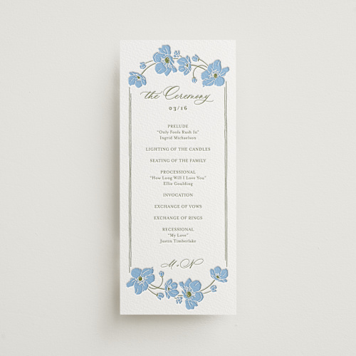 This is a sky blue menu cards with letterpress by letterfix called anemones printing on somerset500 in 4x9
