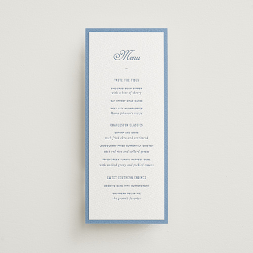 This is a provincial blue menu cards with letterpress by Sara Hicks Malone called preston printing on somerset500 in 4x9