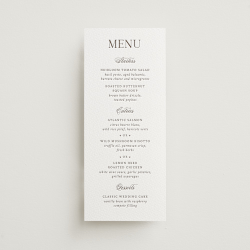 This is a coffee menu cards with letterpress by Snow and Ivy called willow printing on somerset500 in 4x9