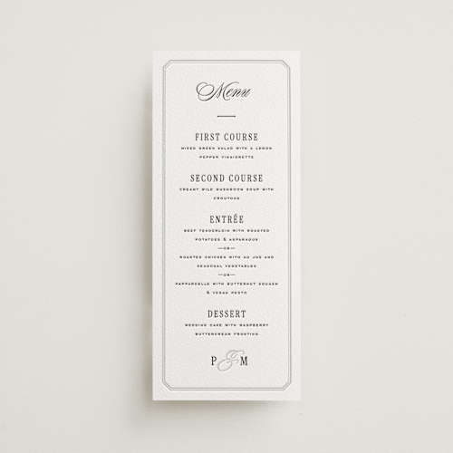 This is a soft black menu cards with letterpress by Leah Bisch called outlined printing on somerset500 in 4x9
