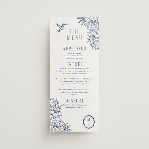 This is a lapis menu cards with letterpress by Sherley Ferreira called botanical dream printing on somerset500 in 4x9