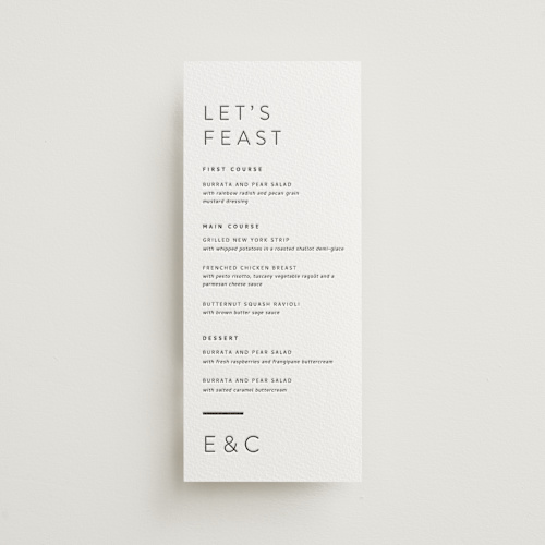 This is a soft black menu cards with letterpress by Alston Foster called kismet printing on somerset500 in 4x9