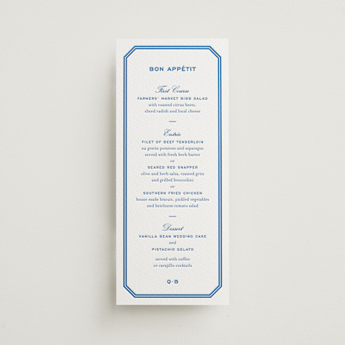 This is a marine blue menu cards with letterpress by Megan Davis called brasserie printing on white cotton in 4x9