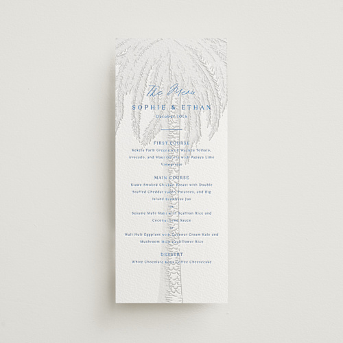 This is a sapphire menu cards with letterpress by Kaydi Bishop called palm tree printing on somerset500 in 4x9