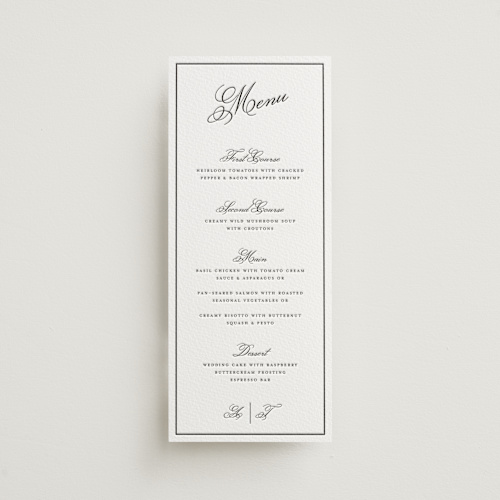 This is a soft black menu cards with letterpress by Kelly Watkins called bliss printing on somerset500 in 4x9