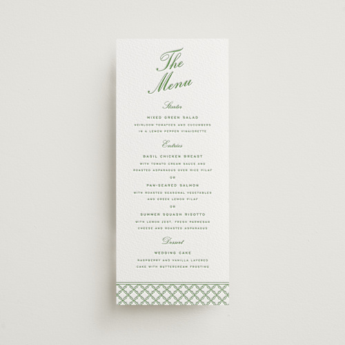 This is a pear menu cards with letterpress by Angela Garrick called garden trellis printing on somerset500 in 4x9