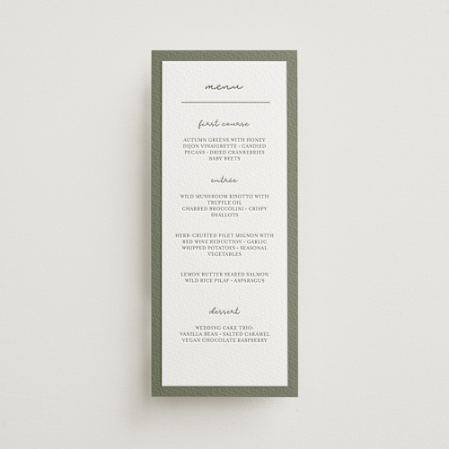 This is a moss menu cards with letterpress by Brittney Jensen called the verdure suite printing on somerset500 in 4x9
