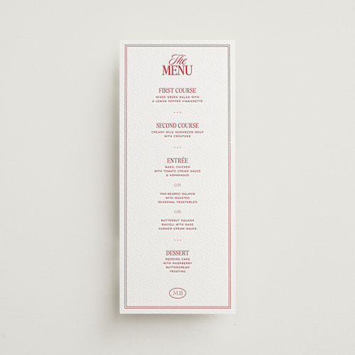 This is a scarlet menu cards with letterpress by Jenna Holcomb called vermilion printing on somerset500 in 4x9