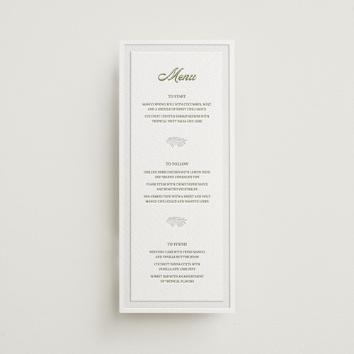This is a pistachio menu cards with letterpress by Julia Liverton called palm shade printing on somerset500 in 4x9
