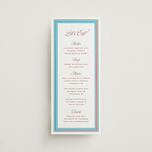 This is a maraschino menu cards with letterpress by Kelly Watkins called charm printing on white cotton in 4x9