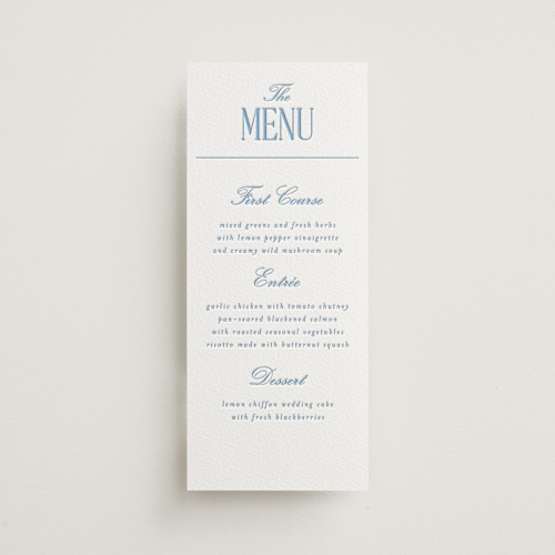 This is a sky blue menu cards with letterpress by Baumbirdy called big day printing on somerset500 in 4x9