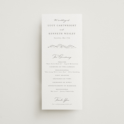 This is a graphite unique wedding programs with letterpress by Sarah Brown called mountainview printing on somerset500 in 4x9