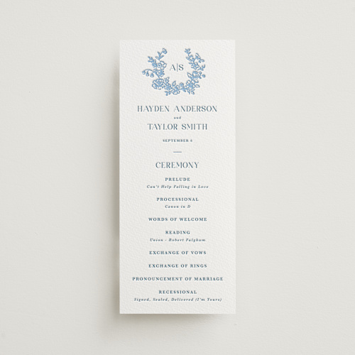 This is a sky blue unique wedding programs with letterpress by Cass Loh called flowers monogram printing on somerset500 in 4x9