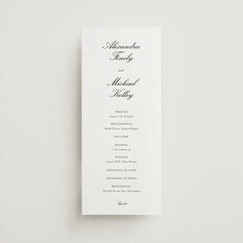 This is a soft black unique wedding programs with letterpress by Ani Somi called finely printing on somerset500 in 4x9