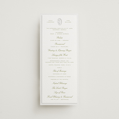 This is a avocado unique wedding programs with letterpress by Ani Somi called calia printing on somerset500 in 4x9