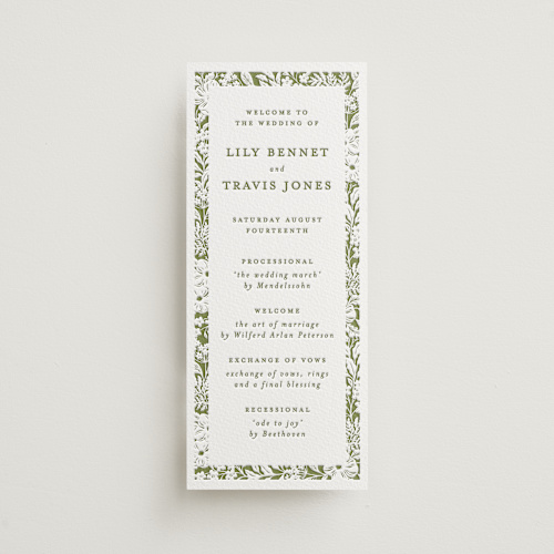 This is a pistachio unique wedding programs with letterpress by Sarah Knight called ethereal gardens printing on somerset500 in 4x9