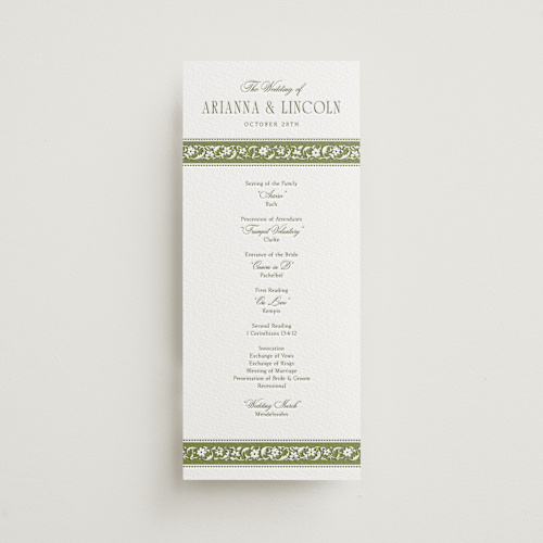 This is a pistachio unique wedding programs with letterpress by Robert and Stella called darcy printing on somerset500 in 4x9