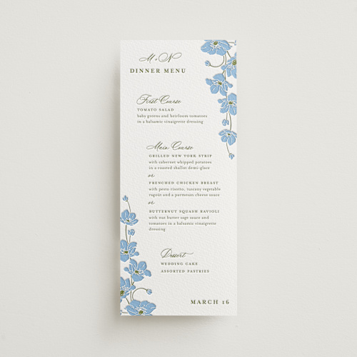 This is a robin's egg unique wedding programs with letterpress by letterfix called anemones printing on white cotton in 4x9