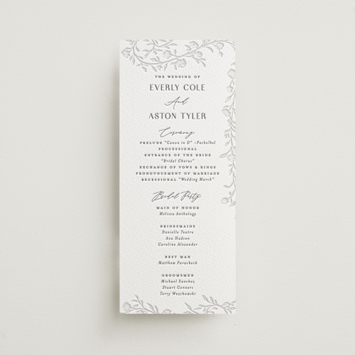 This is a gravel unique wedding programs with letterpress by Nicoletta Savod called delicately printing on somerset500 in 4x9