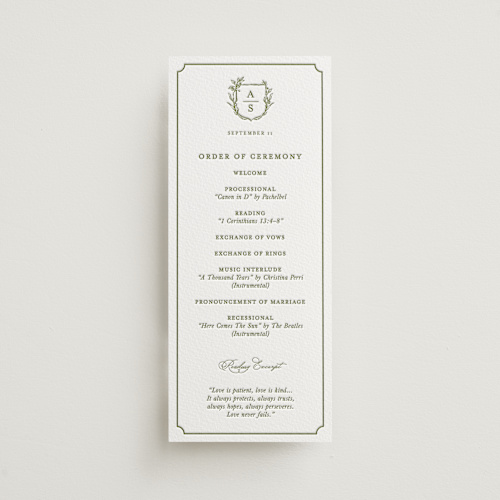 This is a pistachio unique wedding programs with letterpress by Lucrecia Caporale called botanical crest printing on somerset500 in 4x9