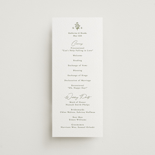 This is a pistachio unique wedding programs with letterpress by Olivia Raufman called posy printing on somerset500 in 4x9