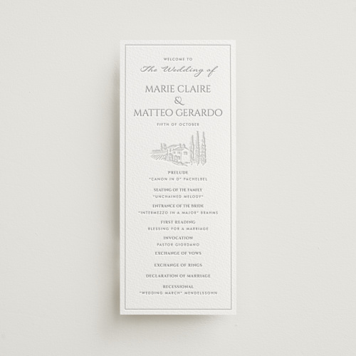 This is a matte silver unique wedding programs with letterpress by MG Patternbox called vigneto printing on somerset500 in 4x9