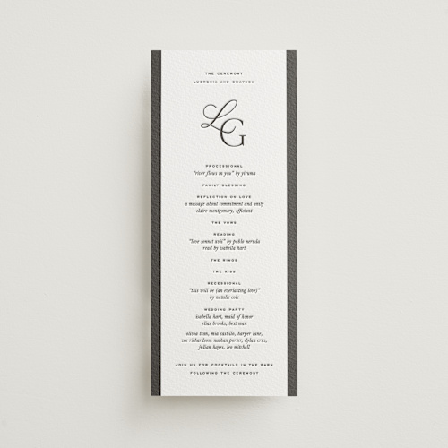 This is a soft black unique wedding programs with letterpress by Kamala Nahas called grayson printing on somerset500 in 4x9