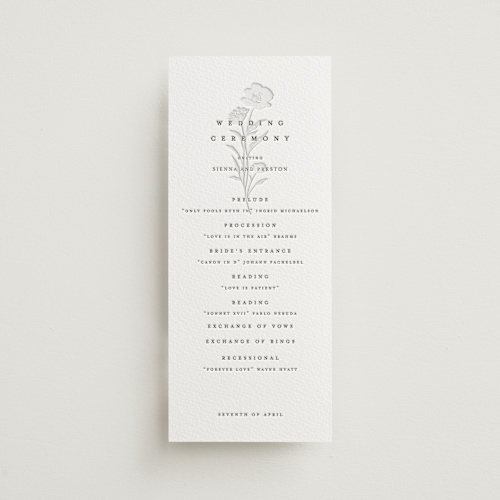 This is a cacao bean unique wedding programs with letterpress by chocomocacino called shiruko printing on white cotton in 4x9