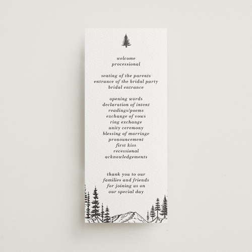 This is a soft black unique wedding programs with letterpress by Winston Latchman called mountain pines printing on somerset500 in 4x9