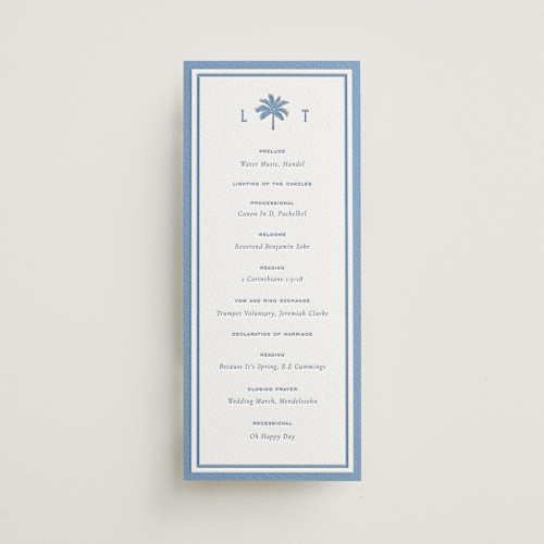 This is a provincial blue unique wedding programs with letterpress by Sara Hicks Malone called preston printing on somerset500 in 4x9