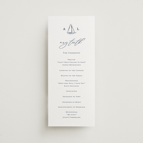 This is a indigo unique wedding programs with letterpress by Jelena Vuletic called mariner printing on somerset500 in 4x9
