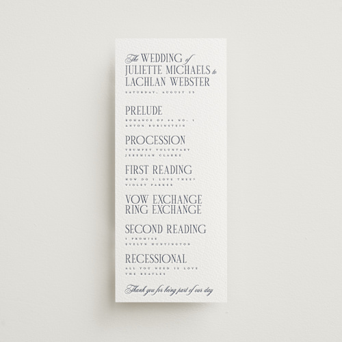 This is a aegean unique wedding programs with letterpress by Hudson meet Rose called london printing on somerset500 in 4x9