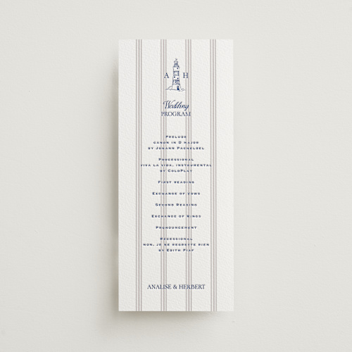 This is a lapis unique wedding programs with letterpress by Tamara Hilje called raies printing on somerset500 in 4x9