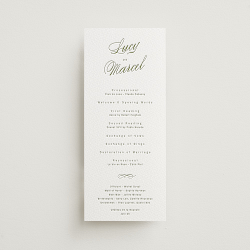 This is a pistachio unique wedding programs with letterpress by Ani Somi called love in the afternoon printing on somerset500 in 4x9