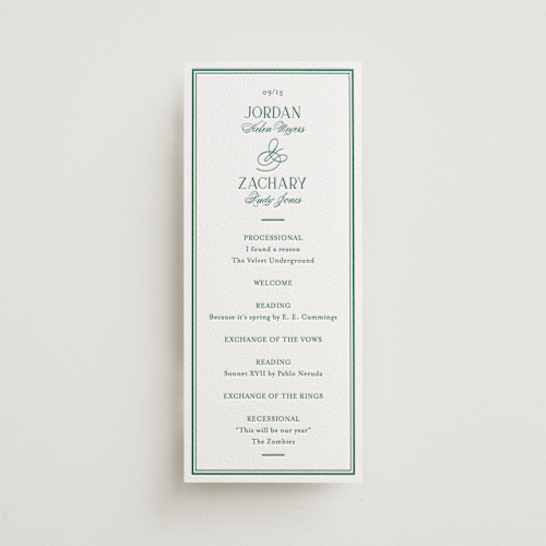 This is a cucumber unique wedding programs with letterpress by letterfix called fresh classic printing on somerset500 in 4x9