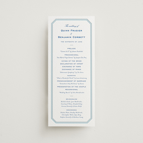 This is a sapphire unique wedding programs with letterpress by Megan Davis called brasserie printing on somerset500 in 4x9