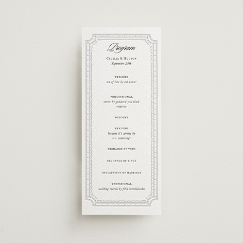 This is a soft black unique wedding programs with letterpress by Pati Cascino called sirmione printing on somerset500 in 4x9