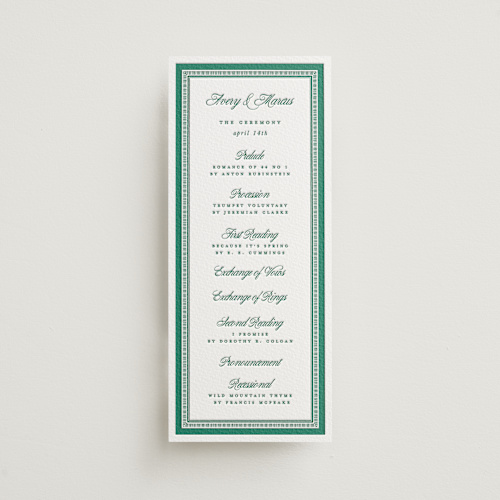 This is a evergreen unique wedding programs with letterpress by Kelly Watkins called archer printing on white cotton in 4x9