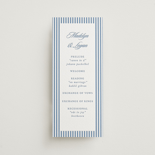 This is a provincial blue unique wedding programs with letterpress by Morgan Kendall called catamaran printing on somerset500 in 4x9